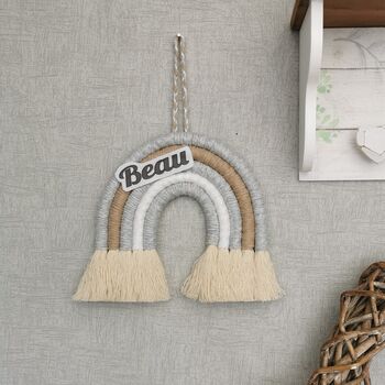 Macrame Rainbow Personalised,Beige Nursery Wall Hanging, 12 of 12