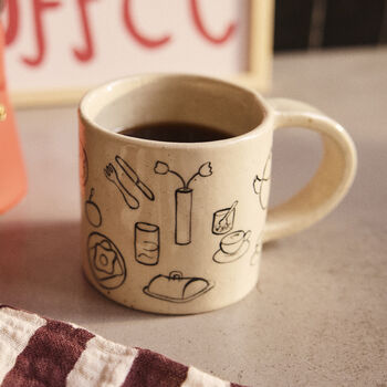 Handmade Ceramic Speckled Mug With Hand Painted Breakfast Illustration, 2 of 8