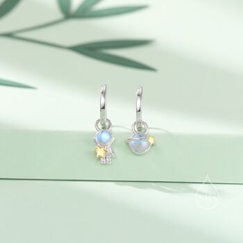 Sterling Silver Mismatched Moonstone Astronaut And Planet Charmed Hoop Earrings, 3 of 11