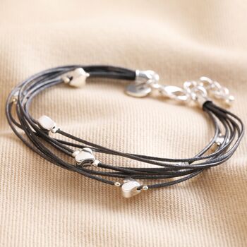 Grey Leather Layered Heart Bracelet In Silver Plating, 3 of 6