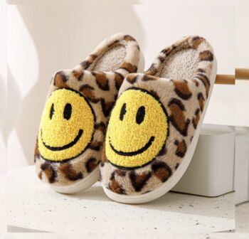 Women's Leopard Print Slippers With Happy Face Design, 3 of 7