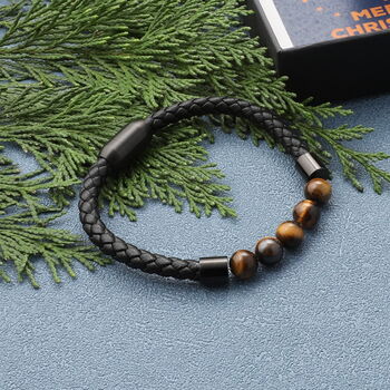 Christmas Personalised Tiger Eye Stone Leather Bracelet For Men, 6 of 9