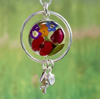 Sterling Silver Handmade Real Flower Necklace With Personalised Birthstone And Zodiac Charm, 5 of 12
