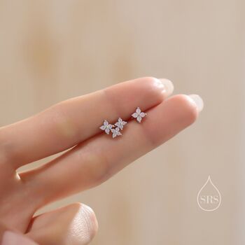 Sterling Silver Asymmetric White Hydrangea Cz Stud Earrings, 2 of 12