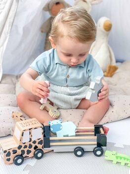 Personalised Wooden Safari Jeep Toy With Trailer And Animals, 4 of 4