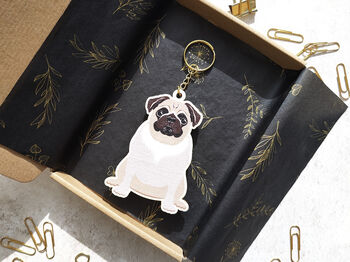 Pug Dog Wooden Keyring With Optional Christmas Card, 6 of 8