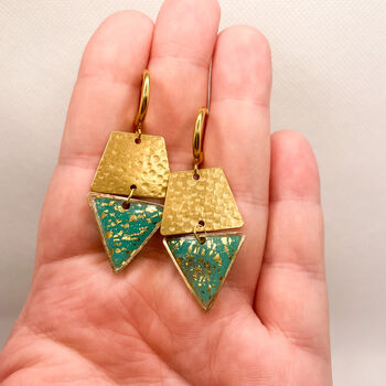 Aqua Gold Flake Triangular Drop Statement Earrings, 5 of 10