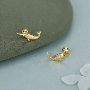 Sterling Silver Narwhal 18 G Screw Back Earrings, 2 of 11