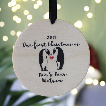 Penguin First Married Mr And Mrs Wooden Tree Decoration, 5 of 8