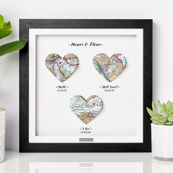 Personalised 3D Heart Map Milestone Locations Framed Wedding Print Gift, 5 of 12