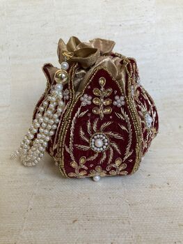 Maroon Handcrafted Velvet Potli Bag/Wrist Bag, 2 of 6