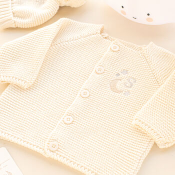 Personalised Luxury Baby Cardigan With Embroidered Moon And Stars Initial, 3 of 11