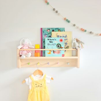 Nursery Shelf With Rail And Pegs For Nursery Wall Decor, 12 of 12