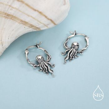 Sterling Silver Octopus Charm Hoop Earrings, 6 of 11