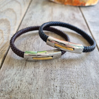 Mens Leather Bracelet With Gold And Silver Clasp, 5 of 7