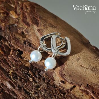 Sterling Silver Natural Pearl Oval Huggie Hoop Earrings, 2 of 3