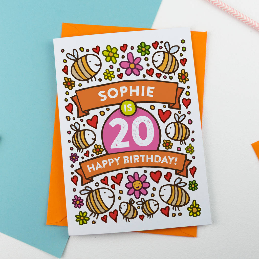 personalised bee's illustrated 20th birthday card by a is for alphabet | notonthehighstreet.com