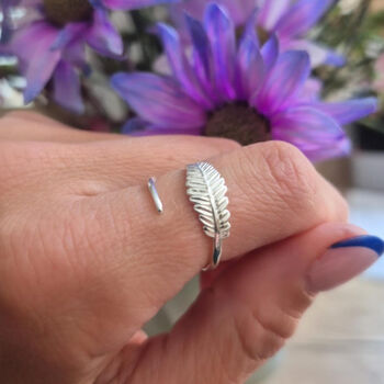 Sterling Silver Feather Leaf Adjustable Stacking Finger Or Thumb Ring, 7 of 10