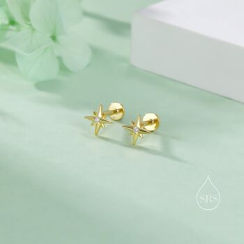Tiny Cz Starburst Internally Threaded Flat Back Earrings In Sterling Silver, 3 of 12