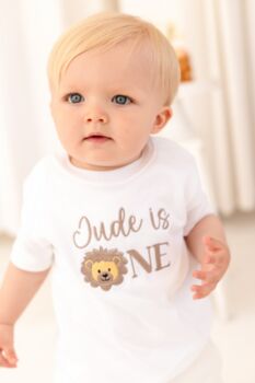 Lion Embroidered Personalised First Birthday One T Shirt, 4 of 8