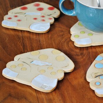 Ceramic Toadstool Mushroom Coasters With Yellow Dots, 4 of 6