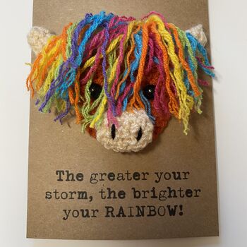 Rainbow Highland Cow Crochet Positivity Card Handmade Storm, 3 of 9