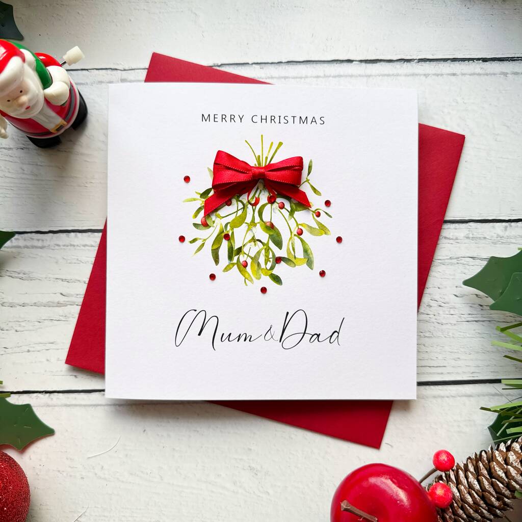 Mum And Dad Mistletoe Christmas Card. Personalised, 1 of 7