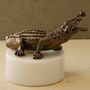 Handmade Bronze Crocodile On Marble Base Sculpture, thumbnail 1 of 2