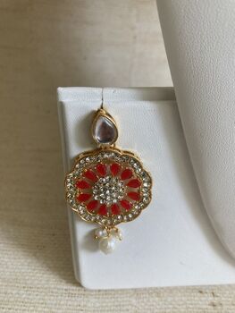 Red And White Gold Plated Kundan Pearl Indian Set, 7 of 7
