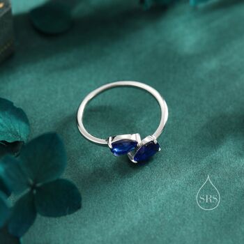 Sterling Silver Toi Et Moi Pear Cut Sapphire Blue Cz Open Ring, 3 of 12