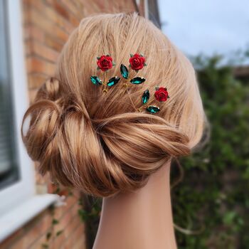 Handcrafted Red Rose Hair Pins Set Of Three, 7 of 8