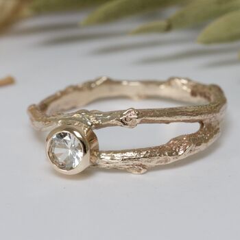 Gold Twig Engagement Ring, White Sapphire Nature Ring, 5 of 8