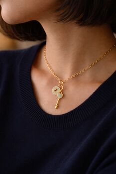Detachable Cz Lock And Key Charm 18k Gold Pvd Plated Paperclip Dainty Necklace I, 3 of 10
