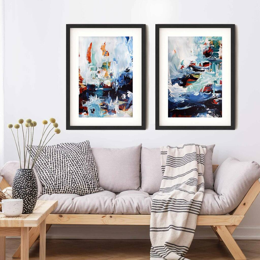 Set Of Two Prints Large Blue Abstract Framed Wall Art By