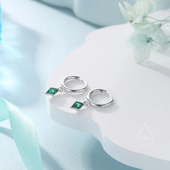 Very Tiny Rhombus Emerald Green Cz Huggie Hoop In Sterling Silver, 4 of 12