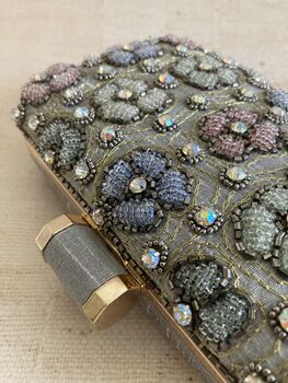 Grey Handcrafted Multicoloured Flower Rectangular Clutch, 9 of 11