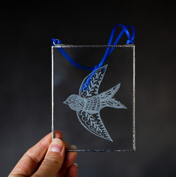 Bird Illustration Hand Engraved Glass Hanging, 8 of 10
