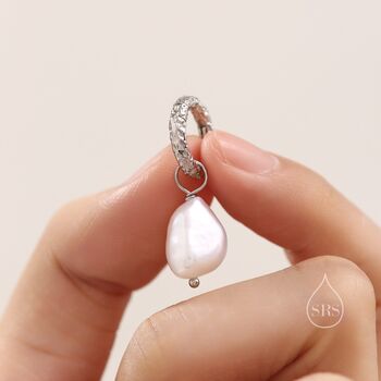 Sterling Silver Baroque Pearl Hammered Hoop Earrings, 2 of 10