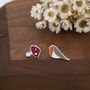 Mismatched Robin Bird And Mushroom Stud Earrings In Sterling Silver, thumbnail 5 of 12