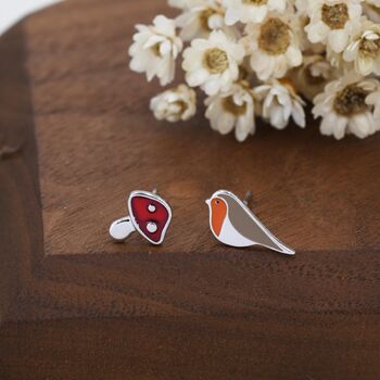 Mismatched Robin Bird And Mushroom Stud Earrings In Sterling Silver, 5 of 12