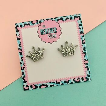Silver Glitter Crown Stud Earrings, 2 of 2
