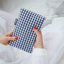 Personalised Navy Gingham Cute Hot Water Bottle, thumbnail 4 of 4