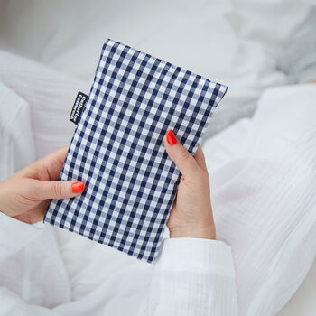 Personalised Navy Gingham Cute Hot Water Bottle, 4 of 4