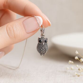 Personalised Sterling Silver Marcasite Owl Pendant Necklace, 10 of 10
