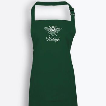 Personalised Bee Apron In Bottle Green, 4 of 5