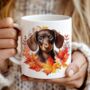 Personalised Dog Mug Chocolate Dachshund In An Autumn Wreath, thumbnail 1 of 2