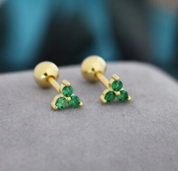Tiny Three Emerald Green Cz Screw Back Earrings, 3 of 10