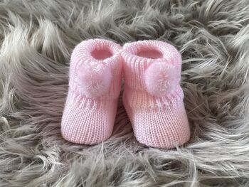 Pink Knitted Baby Booties With Pom Pom, 5 of 8