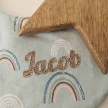 Personalised Baby Feeding Set, Blue Rainbow Fabric, 12 of 12