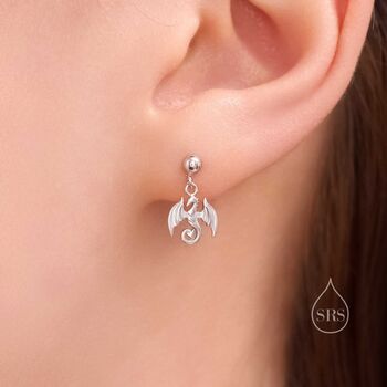 Sterling Silver Tiny Dragon Drop Stud Earrings, 6 of 11